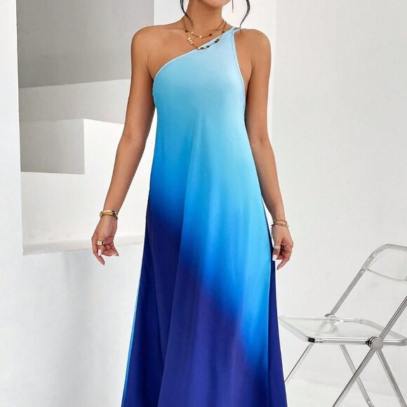 Blue Boho Womens Ombre One Shoulder Maxi Dress - Picture 1 of 5